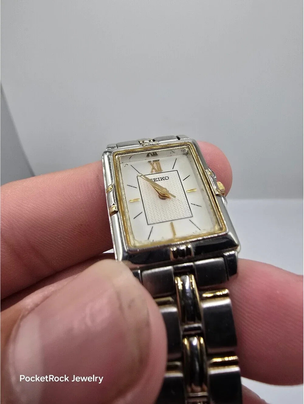 Seiko Women’s Rectangle Two-Tone Quartz Textured White Dial SS Bracelet SXGN46